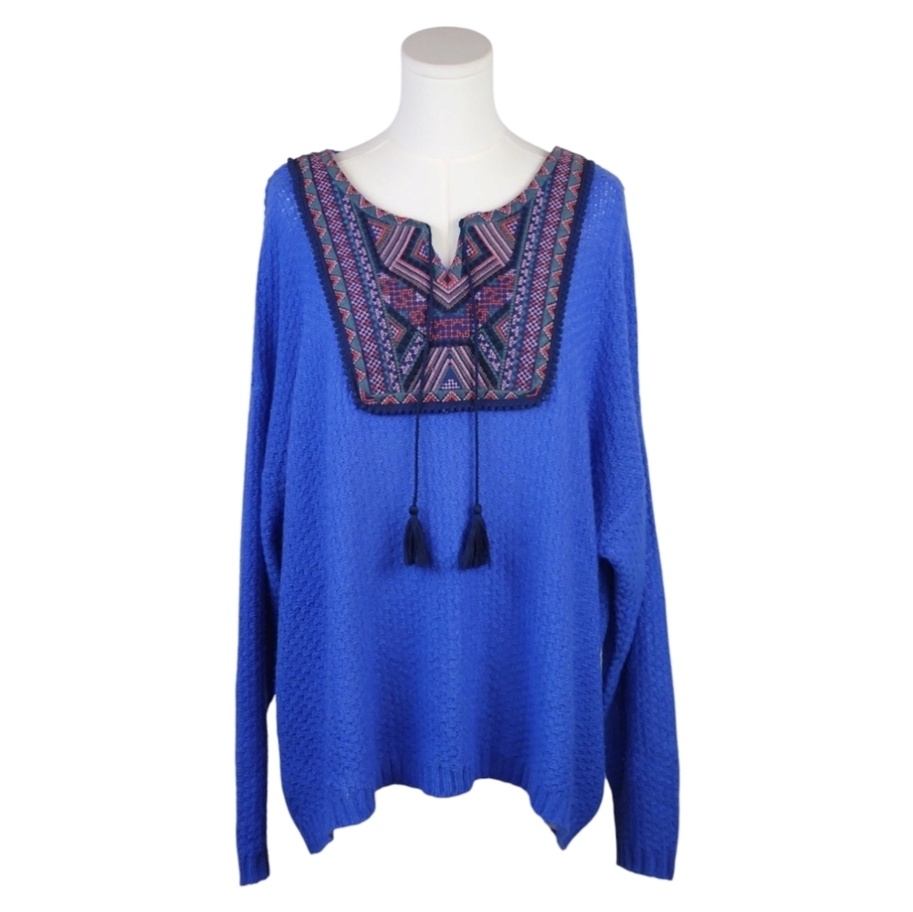 Vintage America Blue Embroidered Knit Sweater XL Boho Tassel Tie Plus Size Top